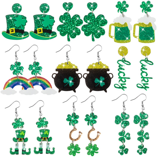 Y1tvei St. Patrick's Day Earrings - 9Pairs Four Leaf Clover Shaped Drop Earrings Green Hat Irish Shamrock Lucky Sparkly Glitter Acrylic Earring Lightweight Cute St Patrick's Accessories Gift for Women