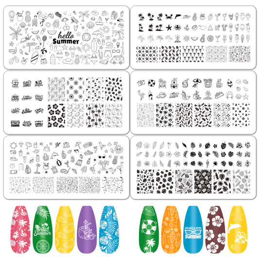 Y1tvei Hello Summer Nail Stamping Plates - 6Pcs Fruit Cocktails Leaves Sun Beach Theme Finger Art Kit, Stainless Steel Nail Polish Template Printer Decoration DIY Manicure Salon Design Gift Supplies
