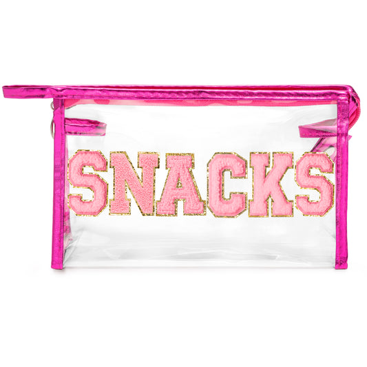 Y1tvei Large Clear SNACKS Pouch - Preppy Patch Pink Chenille Varsity Letter PVC Transparent Extra Large Cosmetic Makeup Bag Portable Waterproof Beach Travel Organizer Toiletry Bag for Women(Rose Red)