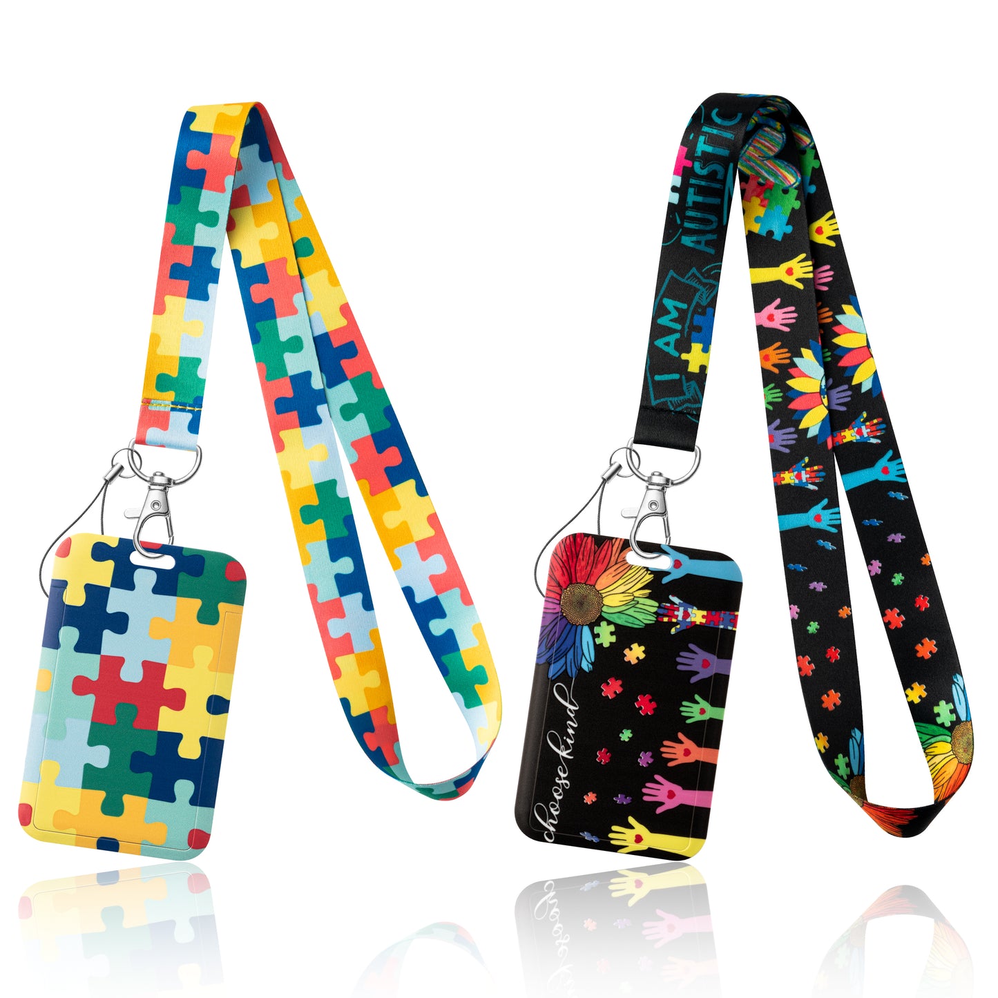 ANGOLIO 2Set Autism Awareness Lanyard with ID Card Badge Holder Autism Puzzle Piece Sunflower Puzzle Lanyards Key Chain with Vertical Id Holder for Doctor Nurse Work Office