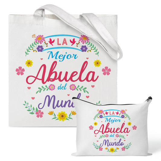 Y1tvei Abuela Spanish Tote Bag - 2Pcs La Mejor Abuela Del Mundo Canvas Tote Makeup Bag, Foldable Reusable Grocery Shopping Best Grandma Tote Bag, Gracias Abuela Gifts for Grandma from Granddaughter