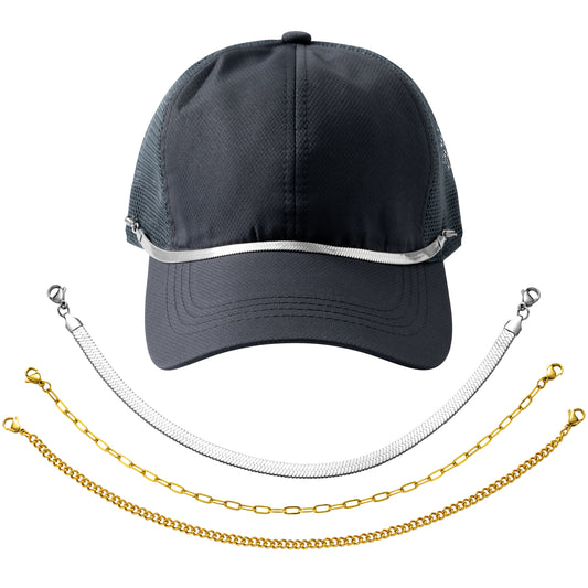 Y1tvei Gold Trucker Hat Chains - 3Pcs Gold Plated Stainless Steels Trucker Hat Chains Bill Decoration, DIY Mesh Baseball Cap Hat Chains Jewelry Accessories Charms Gift for Women Men Party Supplies