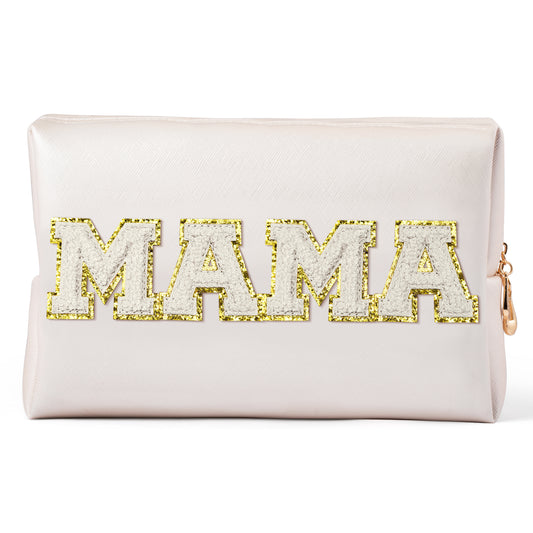 Y1tvei Preppy Patch MAMA White Chenille Letter Extra Large Cosmetic Bag PU Leather Waterproof Portable Varsity Letter Patch Makeup Pouch Toiletry Zipper Organizer Gift for Christmas Day Mom Birthday