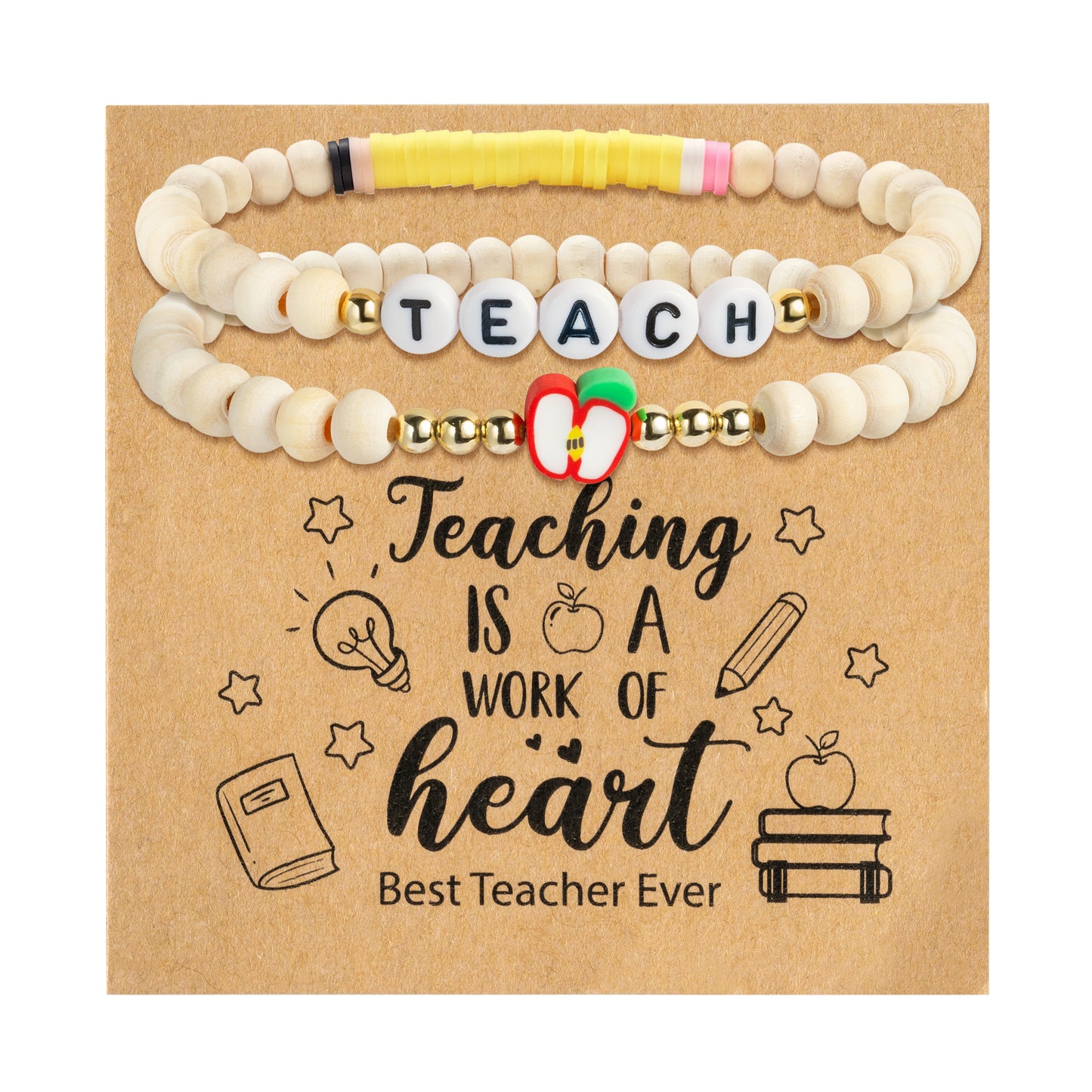 Y1tvei Teacher Appreciation Gifts Bracelet - 2Pcs Wooden Beaded Elastic Teacher Bracelet Teach Apple Beaded Heishi Polymer Clay Bead Layering Stretch Bracelet Jewelry Gift for Teacher from Student