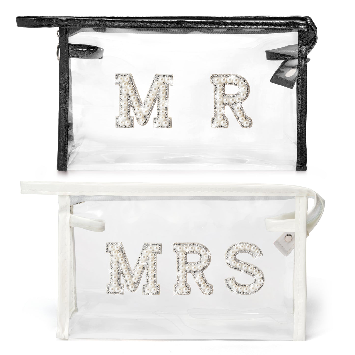 Y1tvei Clear Mrs Makeup Bag - 2Pcs Black White Mr and Mrs Cosmetic Bag Bling Varsity Pearl Rhinestone Patches Letter Makeup Pouch PVC Portable Honeymoon Travel Toiletry Wedding Gift for Bride Couples