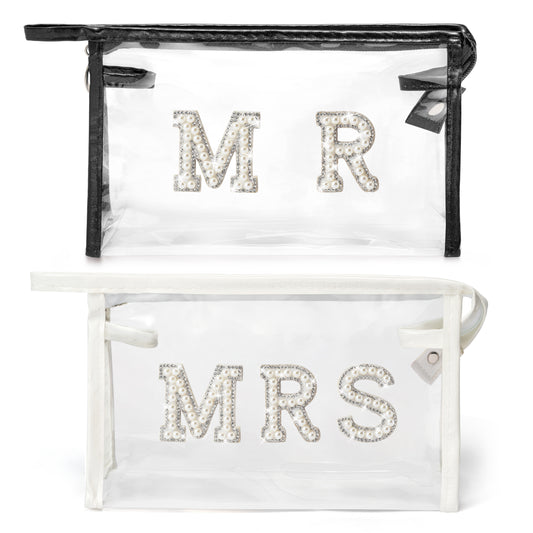 Y1tvei Clear Mrs Makeup Bag - 2Pcs Black White Mr and Mrs Cosmetic Bag Bling Varsity Pearl Rhinestone Patches Letter Makeup Pouch PVC Portable Honeymoon Travel Toiletry Wedding Gift for Bride Couples