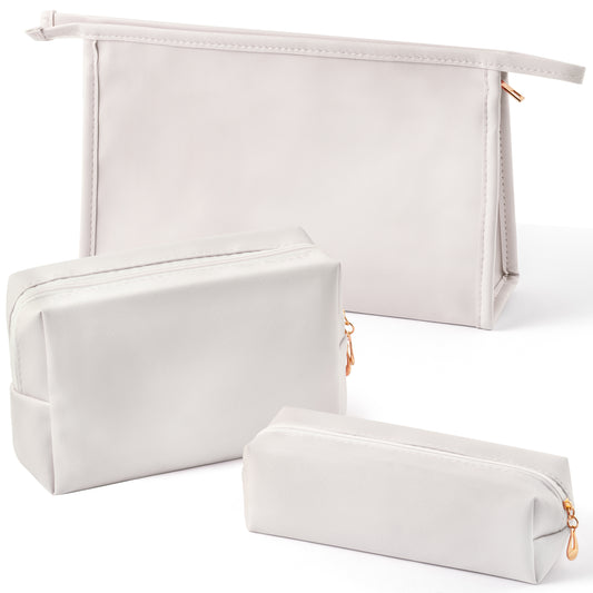 Y1tvei Makeup Bag for Women - 3Pcs Minimalist PU Leather Makeup Bag Set, Large Cosmetic Pouch with Zipper for Purse, Travel Makeup Brush Holder, Waterproof Portable Cosmetic Toiletry Organizer(White)