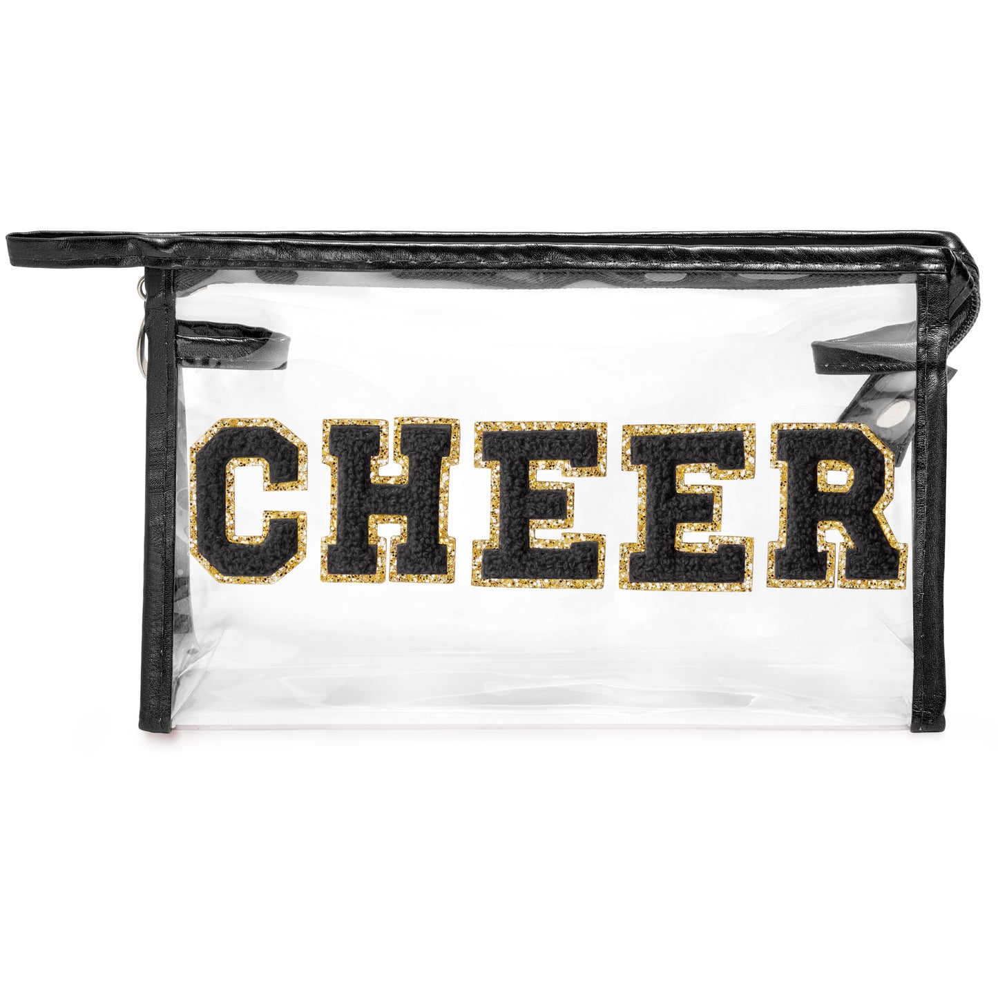 Y1tvei CHEER Clear Makeup Bag - Preppy Black Cheer Chenille Patch Cosmetic Pouch Extra Large PVC Transparent Toiletry Carry Bag Portable Waterproof Travel Organizer Cheer Gift for Cheerleader(Black)