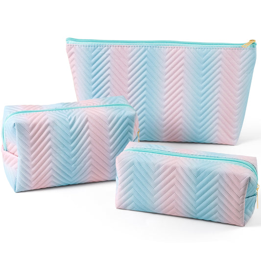 Y1tvei Gradient Makeup Bag Set - 3Pcs Blue Pink Gradient Makeup Bag Colorful Leather Waterproof Fantasy Cosmetic Pouch Makeup Brush Bag Zipper Carry Pouch Travel Toiletry Organizer Gifts for Women