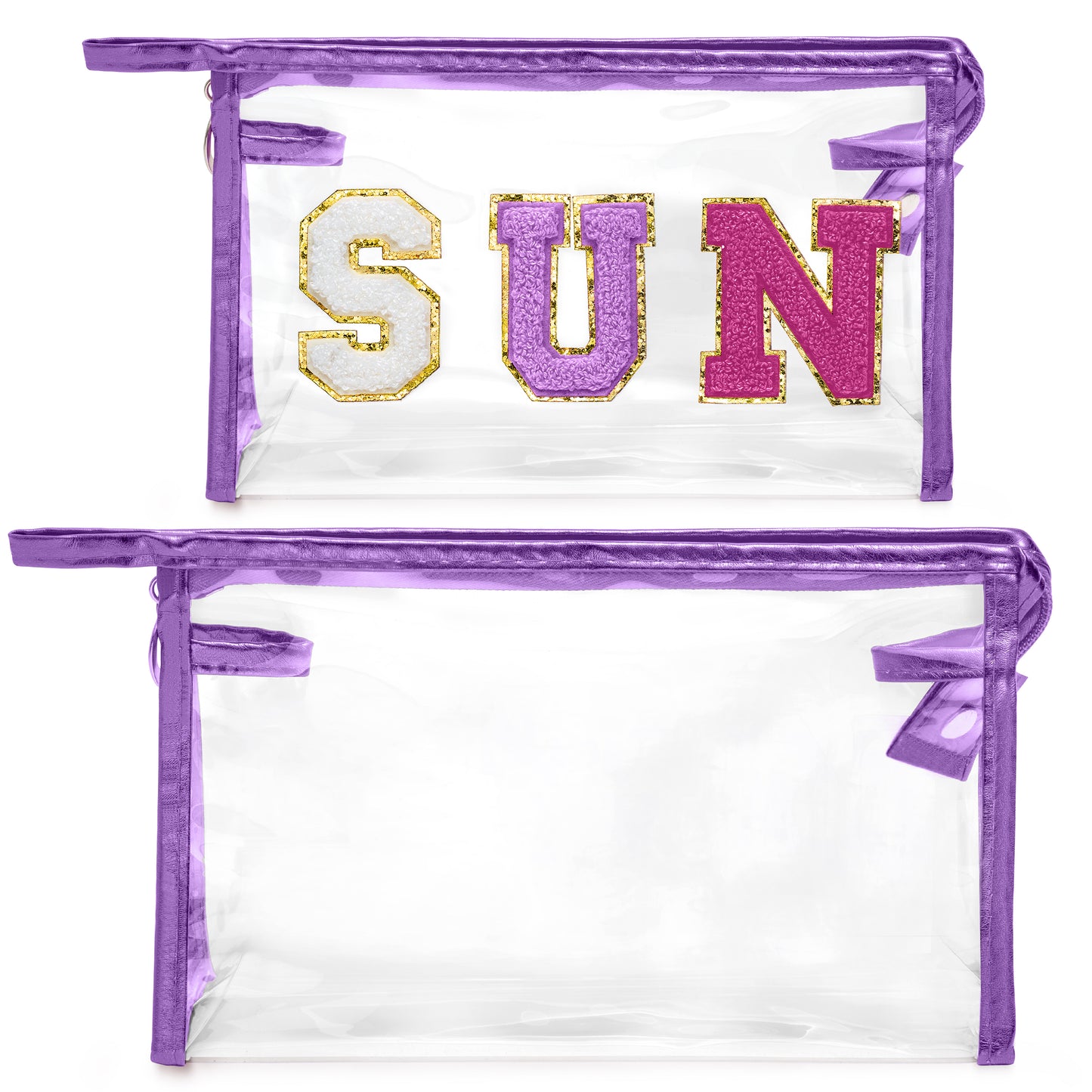 Y1tvei Clear SUN Makeup Bag - 2Pcs Preppy Purple SUN Chenille Varsity Letter Cosmetic Bag Purple Large PVC Transparent Toiletry Organizer Zipper Waterproof Beach Travel Makeup Pouch for Women(Purple)