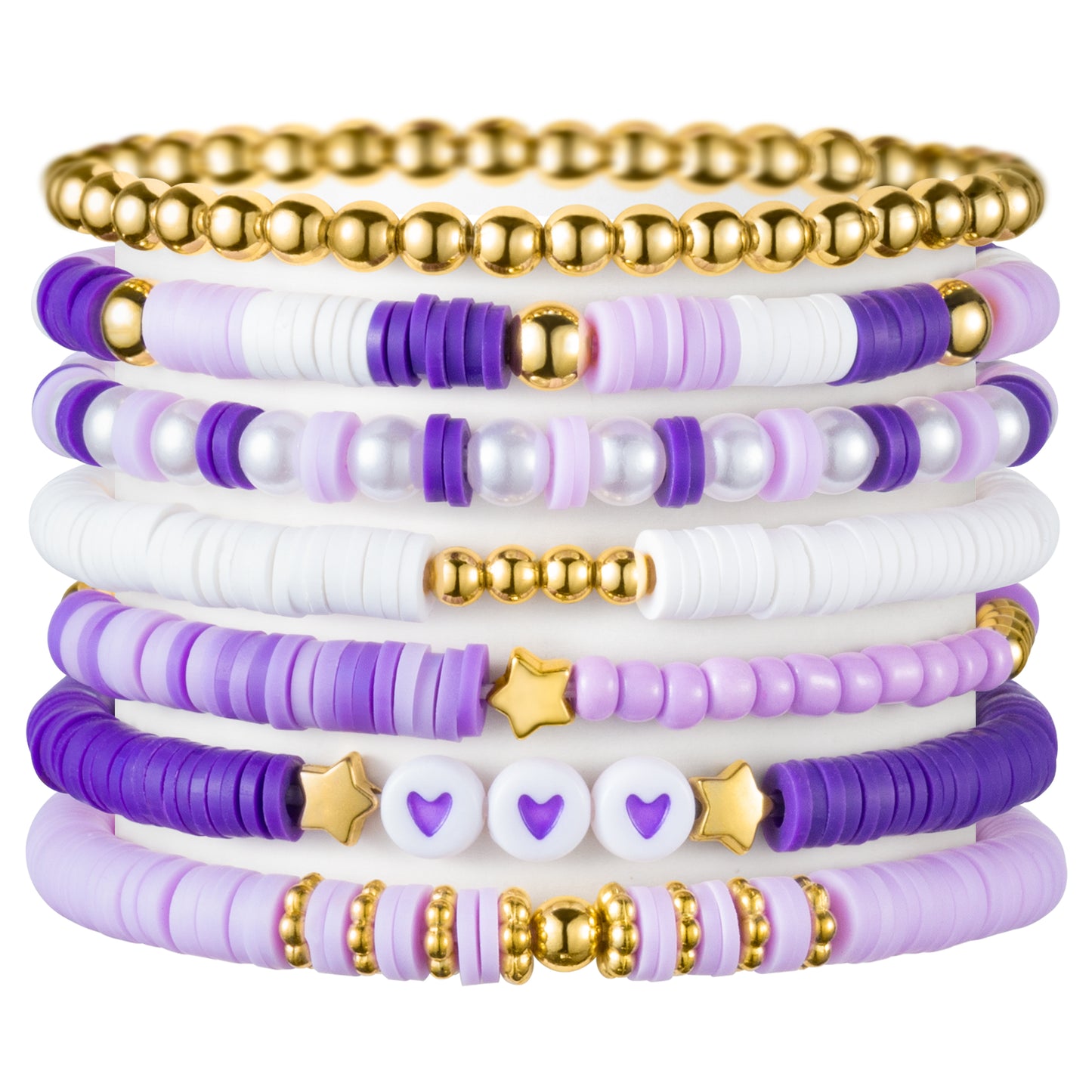 Y1tvei Purple Heishi Bead Bracelets - 7Pcs Purple Clay Bead Surfer Bracelet Set Stackable Gold Plated Bead Stretch Bracelet Boho Layering Summer Beach Jewelry Friendship Bracelet for Women Teen Girls