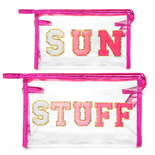 Y1tvei SUN STUFF Makeup Bag - 2Pcs Preppy Patch Chenille Varsity Letter Transparent PVC Extra Large Clear Cosmetic Pouch Portable Waterproof Travel Organizer Toiletry Compliant Bag for Women(Rose Red)