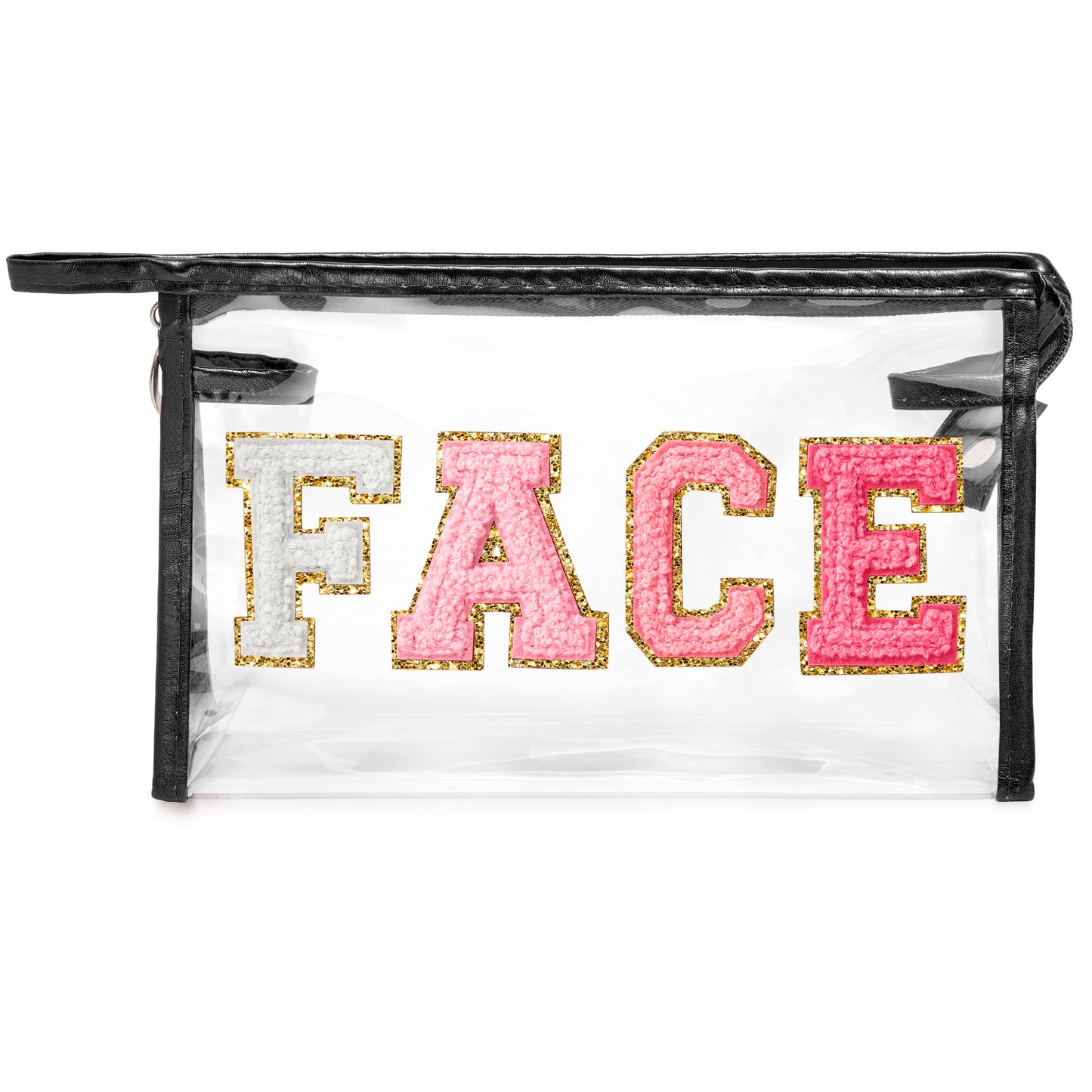 Y1tvei Clear FACE Makeup Bag - Preppy Rose Red FACE Chenille Varsity Letter Cosmetic Bag PVC Transparent Zipper Waterproof Beach Makeup Carry Pouch Portable Travel Toiletry Organizer for Women(Black)