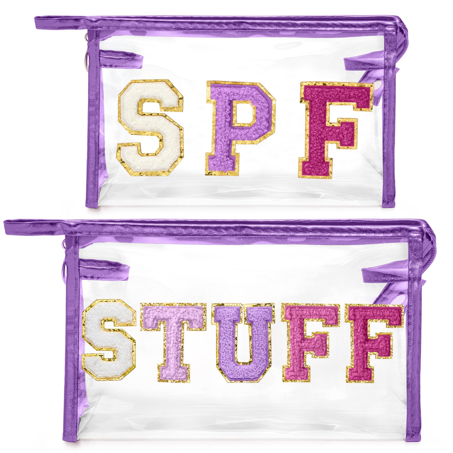 Y1tvei SPF STUFF Makeup Bag - 2Pcs Preppy Patch Chenille Varsity Letter Transparent PVC Extra Large Clear Cosmetic Sunscreen Pouch Portable Waterproof Travel Organizer Toiletry Bag for Women(Purple)