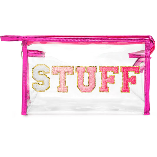 Y1tvei STUFF Large Makeup Bag - Preppy Patch Chenille Varsity Letter Transparent PVC Clear Extra Large Cosmetic Pouch Portable Waterproof Travel Organizer Toiletry Compliant Bag for Women(Rose Red)