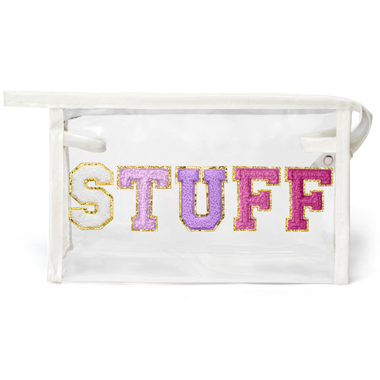 Y1tvei Clear STUFF Makeup Bag - Preppy Patch Purple Chenille Varsity Letter PVC Transparent Extra Large Cosmetic Pouch Portable Waterproof Travel Organizer Toiletry Compliant Bag for Women(White)