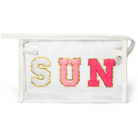 Y1tvei Clear SUN Makeup Bag - Preppy Rose Red SUN Chenille Varsity Letter Cosmetic Bag PVC Transparent Zipper Waterproof Beach Makeup Carry Pouch Portable Travel Toiletry Organizer for Women(White)