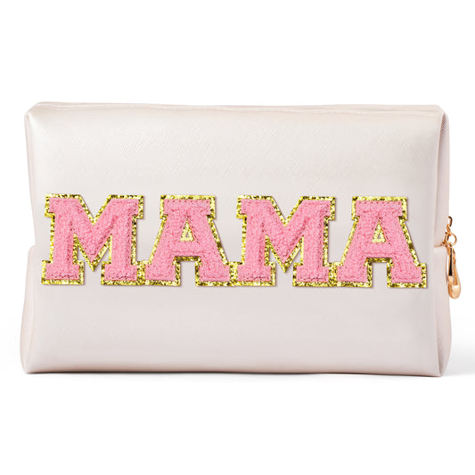 Y1tvei Preppy Patch Extra Large Mama Varsity Letter Makeup Bag Pink Chenille Letter PU Leather Waterproof Portable Cosmetic Toiletry Bag Zipper Organizer Gift for Christmas Mom Birthday Anniversary