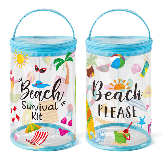 Y1tvei Beach Lotion Toiletry Bag - 2Pcs Beach Please Beach Survival Kit Cylinder Travel Makeup Bag with Handle Sunscreen Holder Pouch Clear PVC Plastic Waterproof Barrel Zipper Cosmetic Bag for Women