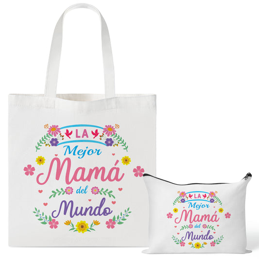 Y1tvei Mama Spanish Tote Bag - 2Pcs La Mejor Mama Del Mundo Canvas Tote Makeup Bag, Foldable Reusable Grocery Shopping Best Mother Ever Tote Bag, Gracias Mama Regalo Mothers Day Gifts for Mom Women