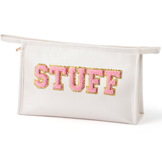 Y1tvei STUFF Zipper Pouch Large - Pink Preppy Stuff Chenille Letter Pouch for Travel, PU Leather Makeup Bag, Large Waterproof Portable Cosmetic Bags, Flat Pouch Travel Organizer for Women(Pink)