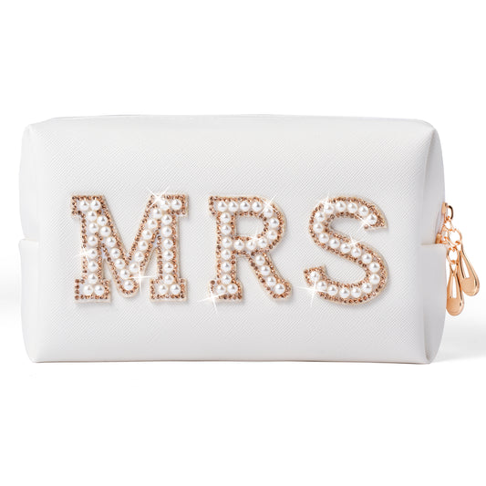 Y1tvei Bride Gold MRS Patch Varsity Letter Cosmetic Toiletry Pearl Rhinestone Letter Patches Large Makeup Bag PU Leather Waterproof Portable Zipper Pouch Travel Organizer for Wedding Bride Bridesmaid