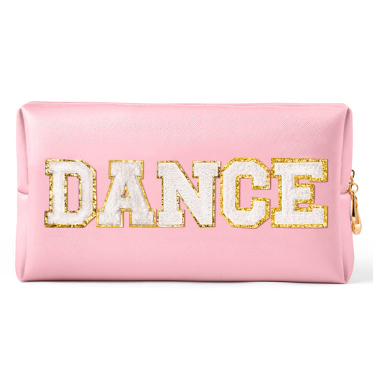 Y1tvei DANCE Large Cosmetic Bag - Preppy Patch DANCE White Chenille Letter Makeup Bag PU Leather Waterproof Portable Dance Letter Toiletry Pouch Travel Organizer Dancer Gift for Women Girl (Pink)