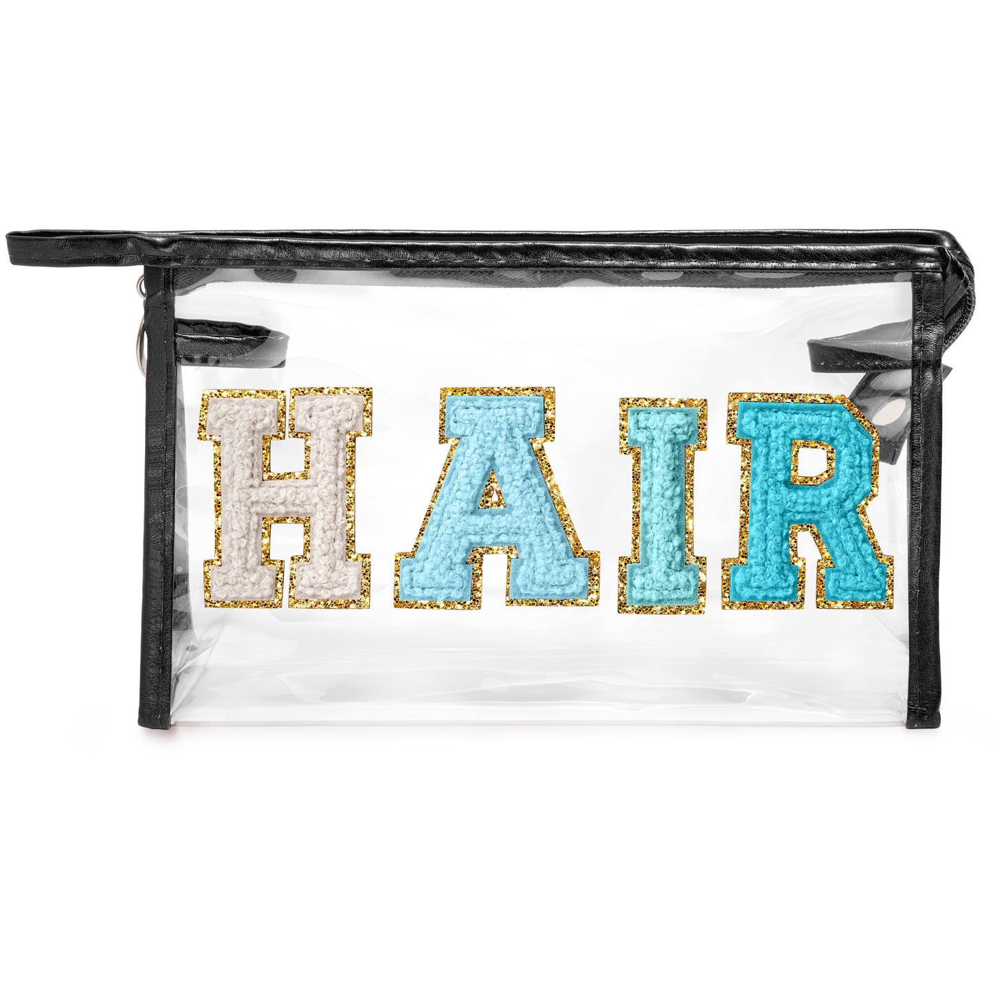 Y1tvei Clear HAIR Makeup Bag - Preppy Patch Blue Chenille Varsity Letter Cosmetic Bag Transparent PVC Zipper Waterproof Portable Beach Travel Storage Pouch Toiletry Organizer for Women(Black)