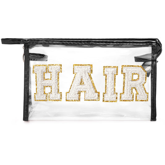 Y1tvei Clear HAIR Makeup Bag - Preppy Patch White Chenille Varsity Letter Cosmetic Bag Transparent PVC Zipper Waterproof Portable Beach Travel Storage Pouch Toiletry Organizer for Women(Black)