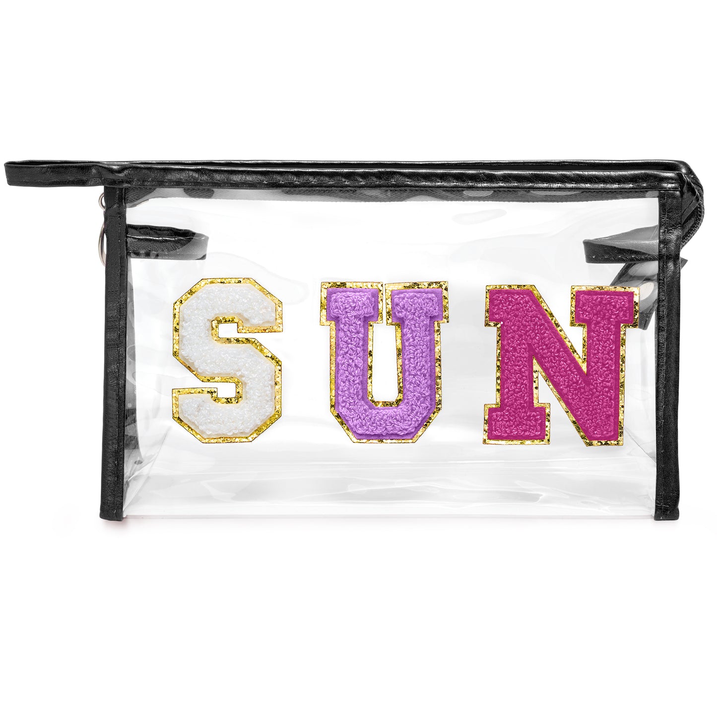 Y1tvei Clear SUN Makeup Bag - Preppy Purple SUN Chenille Varsity Letter Cosmetic Bag PVC Transparent Zipper Waterproof Beach Makeup Carry Pouch Portable Travel Toiletry Organizer for Women(Black)