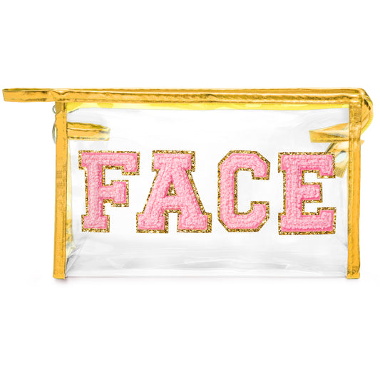 Y1tvei Clear FACE Makeup Bag - Preppy Pink FACE Chenille Varsity Letter Cosmetic Bag PVC Transparent Zipper Waterproof Beach Swim Makeup Pouch Portable Travel Toiletry Organizer for Women(Gold)