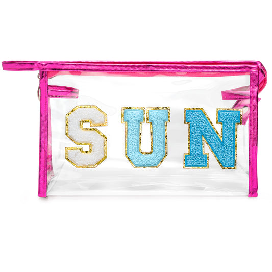 Y1tvei Clear SUN Makeup Bag - Preppy Blue SUN Chenille Varsity Letter Cosmetic Bag PVC Transparent Zipper Waterproof Beach Makeup Carry Pouch Portable Travel Toiletry Organizer for Women(Rose Red)