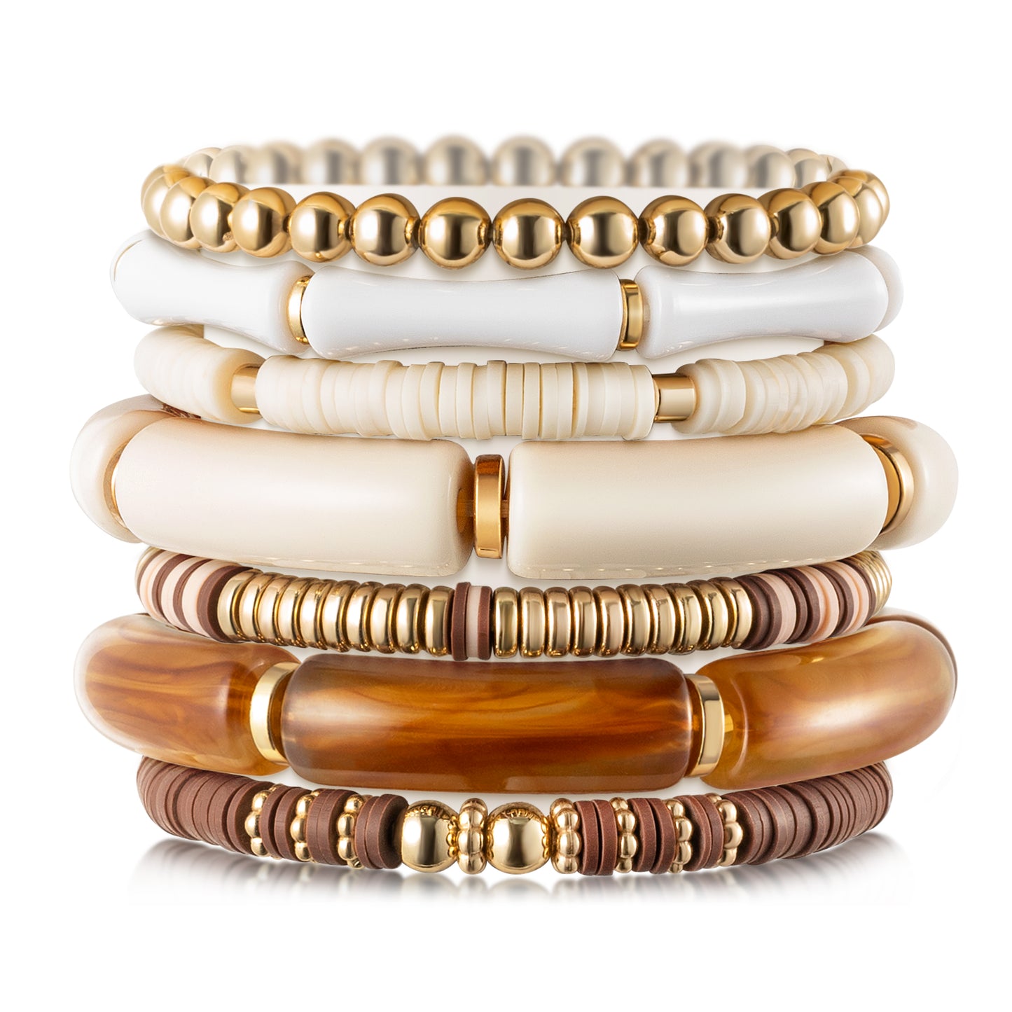 Y1tvei 7Pcs White Bamboo Tube Bangles Bracelet Set Acrylic Chunky Curved Stacking Bamboo Tube Bangle Polymer Clay Pearl Gold Bead Stretch Bracelets Boho Summer Jewelry Gifts for Friends Women Girls