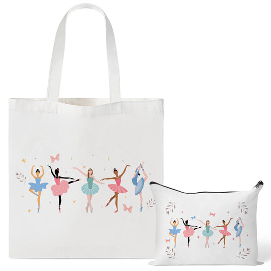 Y1tvei Ballerina Canvas Tote Bag - 2Pcs Ballerina Watercolor Print Makeup Bag Set, Cute Ballet Dancing Girl Canvas Tote Bag, Reusable Grocery Shopping Bag, Dance Recital Gifts for Ballerina Women