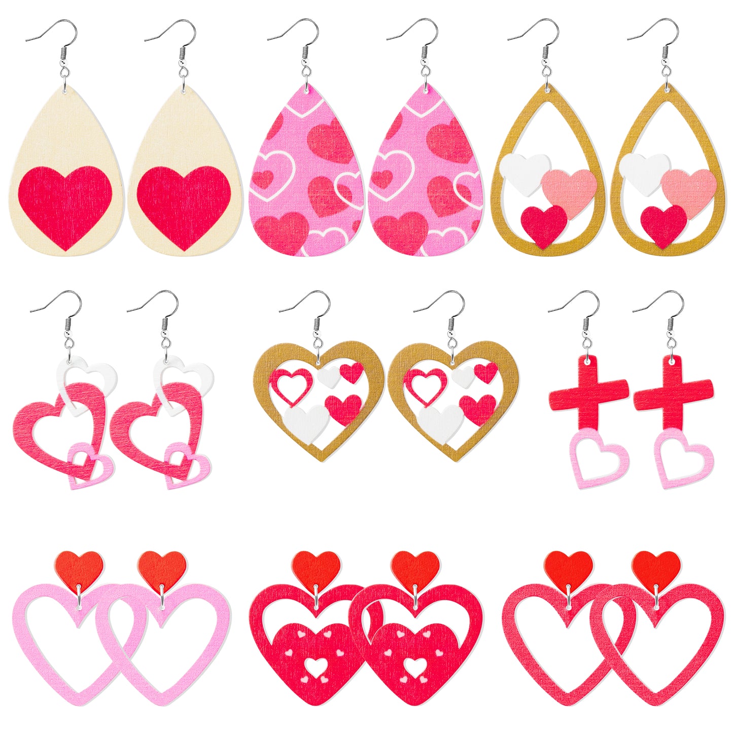 Y1tvei 9Pairs Valentines Day Wooden Painted Earrings Set Red Pink Love Heart Shaped Cutout Teardrop Dangle Earring Lightweight Cute Heart Stud Ear Decoration Holiday Jewelry Gift for Girls Lover Women