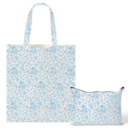 Y1tvei Blue Floral Canvas Bag - 2Pcs Light Blue Floral Canvas Tote Bag Set, Cute Little Flower Makeup Bag, Reusable Grocery Folding Shopping Bag, Coquette Aesthetic Floral Makeup Pouch Gifts for Women
