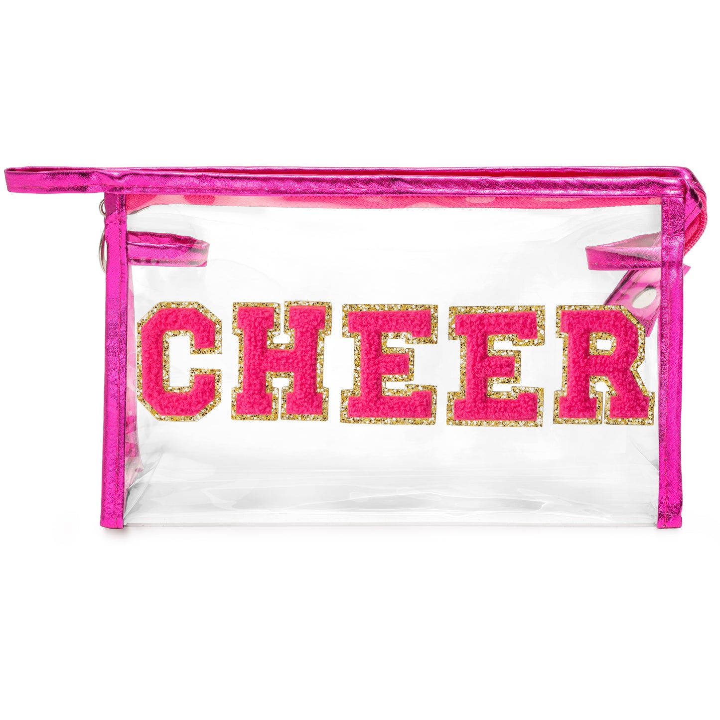 Y1tvei CHEER Clear Makeup Bag - Preppy Hot Pink Cheer Chenille Patch Cosmetic Pouch Extra Large PVC Transparent Toiletry Bag Portable Waterproof Travel Organizer Cheer Gift for Cheerleader(Rose Red)