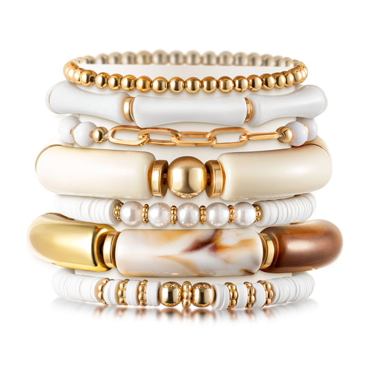 Y1tvei 7Pcs White Bamboo Tube Bangles Bracelet Set Acrylic Chunky Curved Stacking Bamboo Tube Bangle Polymer Clay Pearl Gold Bead Stretch Bracelets Boho Summer Jewelry Gifts for Friends Women Girls