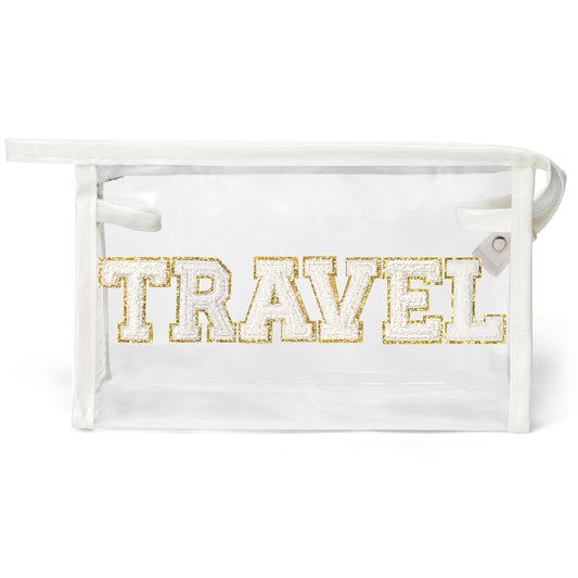 Y1tvei TRAVEL Clear Makeup Bag - Preppy Patch White Chenille Varsity Letter Transparent PVC Large Travel Cosmetic Pouch Portable Waterproof Organizer Toiletry Compliant Beach Bag for Women(White)