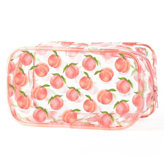 Y1tvei Pink Multiple Peaches Print Clear PVC Makeup Bag Cute Fruit Pattern Plastic Transparent Cosmetic Toiletry Bag Waterproof Portable Travel Organizer Zippered Clutch Purse for Women Girl Teens