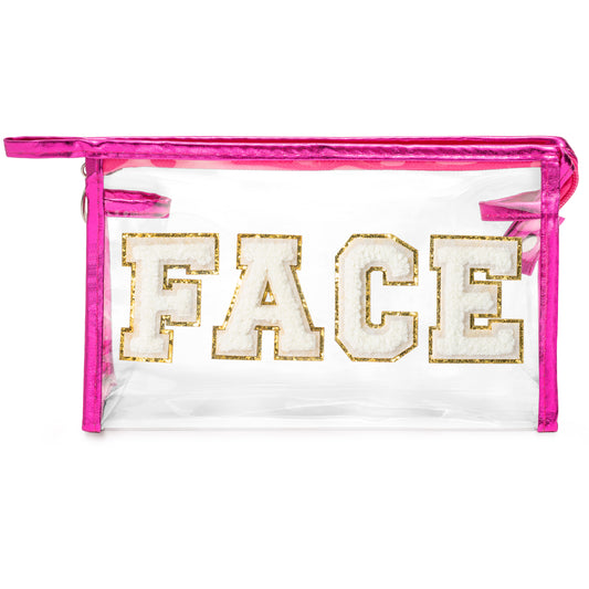 Y1tvei Clear FACE Makeup Bag - Preppy White FACE Chenille Varsity Letter Cosmetic Bag PVC Transparent Zipper Waterproof Beach Swim Makeup Pouch Portable Travel Toiletry Organizer for Women(Rose Red)