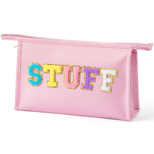 Y1tvei STUFF Zipper Pouch Large - Colorful Preppy Stuff Chenille Letter Pouch for Travel, PU Leather Makeup Bag, Large Waterproof Portable Cosmetic Bags, Flat Pouch Travel Organizer for Women(Pink)