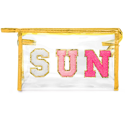 Y1tvei Clear SUN Makeup Bag - Preppy Rose Red SUN Chenille Varsity Letter Cosmetic Bag PVC Transparent Zipper Waterproof Beach Makeup Carry Pouch Portable Travel Toiletry Organizer for Women(Gold)