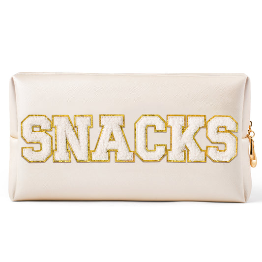 Y1tvei Large SNACKS Cosmetic Bag - Preppy White Snacks Chenille Varsity Letter Makeup Bag PU Leather Waterproof Toiletry Bag Zipper Pouch for Purse Travel Cosmetic Organizer Gift for Women(Shell Gold)