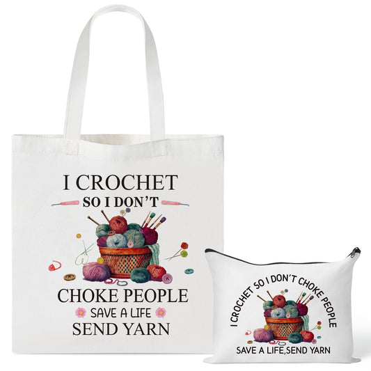 Y1tvei Crochet Canvas Tote Bag - 2Pcs I Crochet So I Don't Choke People Save A Life Send Yarn Canvas Cosmetic Pouch Tote Bag, Reusable Grocery Folding Shopping Bag, Knitting Gifts for Crocheters Women