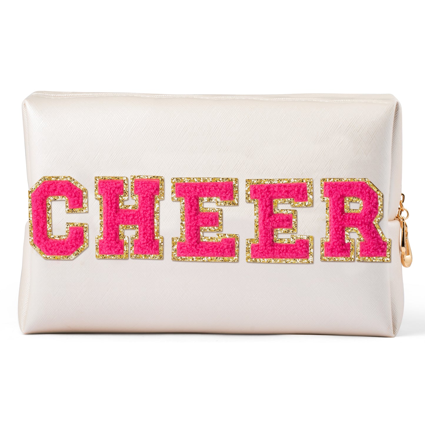 Y1tvei Preppy Patch CHEER Hot Pink Chenille Letter Extra Large Cosmetic Bag PU Leather Waterproof Portable Varsity Cheer Letter Makeup Toiletry Pouch Travel Organizer for Cheerleader Girl (Shell Gold)