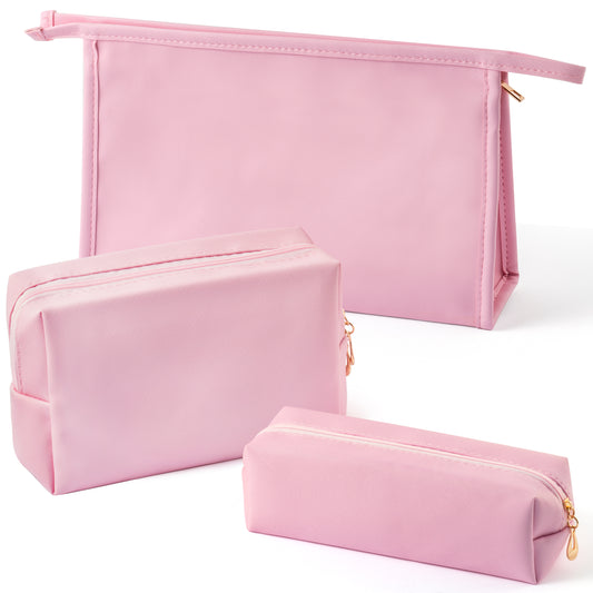 Y1tvei Makeup Bag for Women - 3Pcs Minimalist PU Leather Makeup Bag Set, Large Cosmetic Pouch with Zipper for Purse, Travel Makeup Brush Holder, Waterproof Portable Cosmetic Toiletry Organizer(Pink)