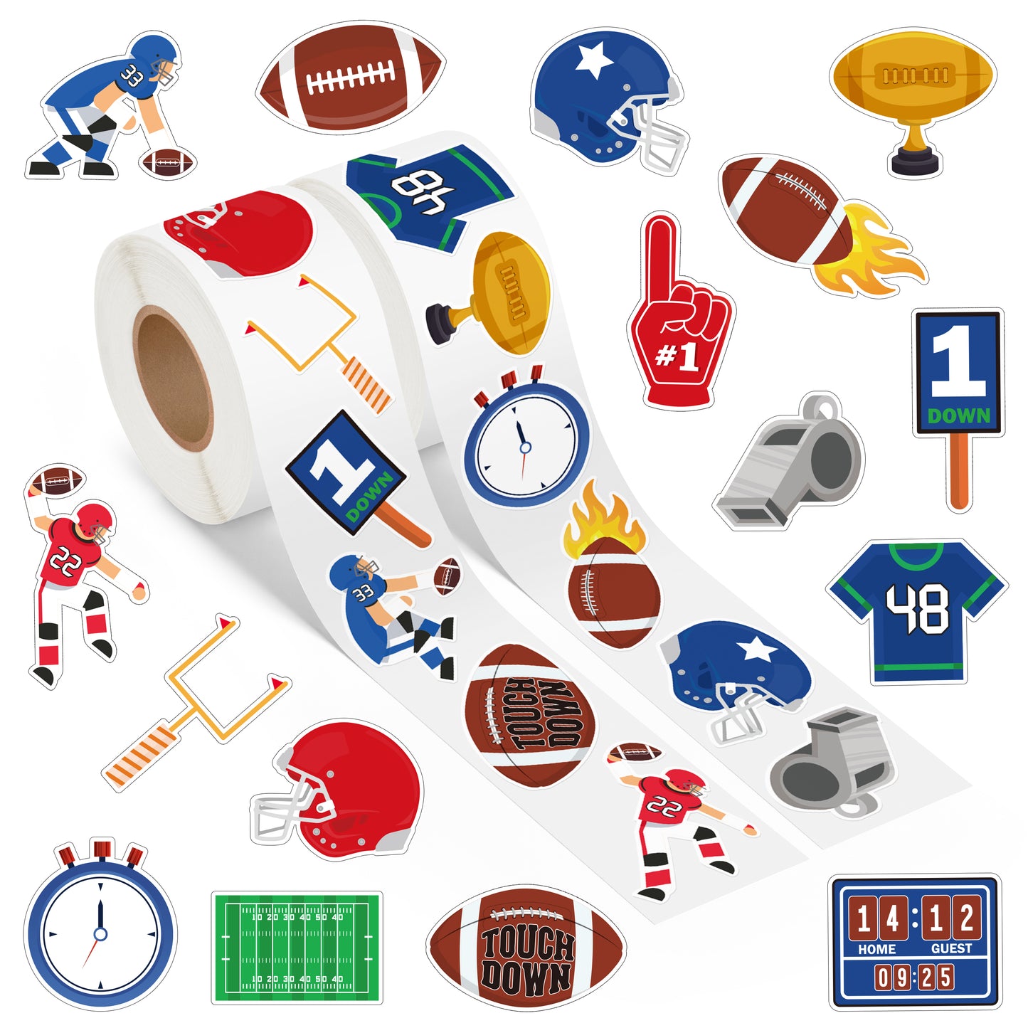 A1diee Football Theme Roll Stickers - 1000Pcs with 16 Patterns Cute Football Motivational Self-Adhesive Decal Reward for Party Favor Supplies Birthday Gifts Water Bottle Scrapbook Laptop Decoration