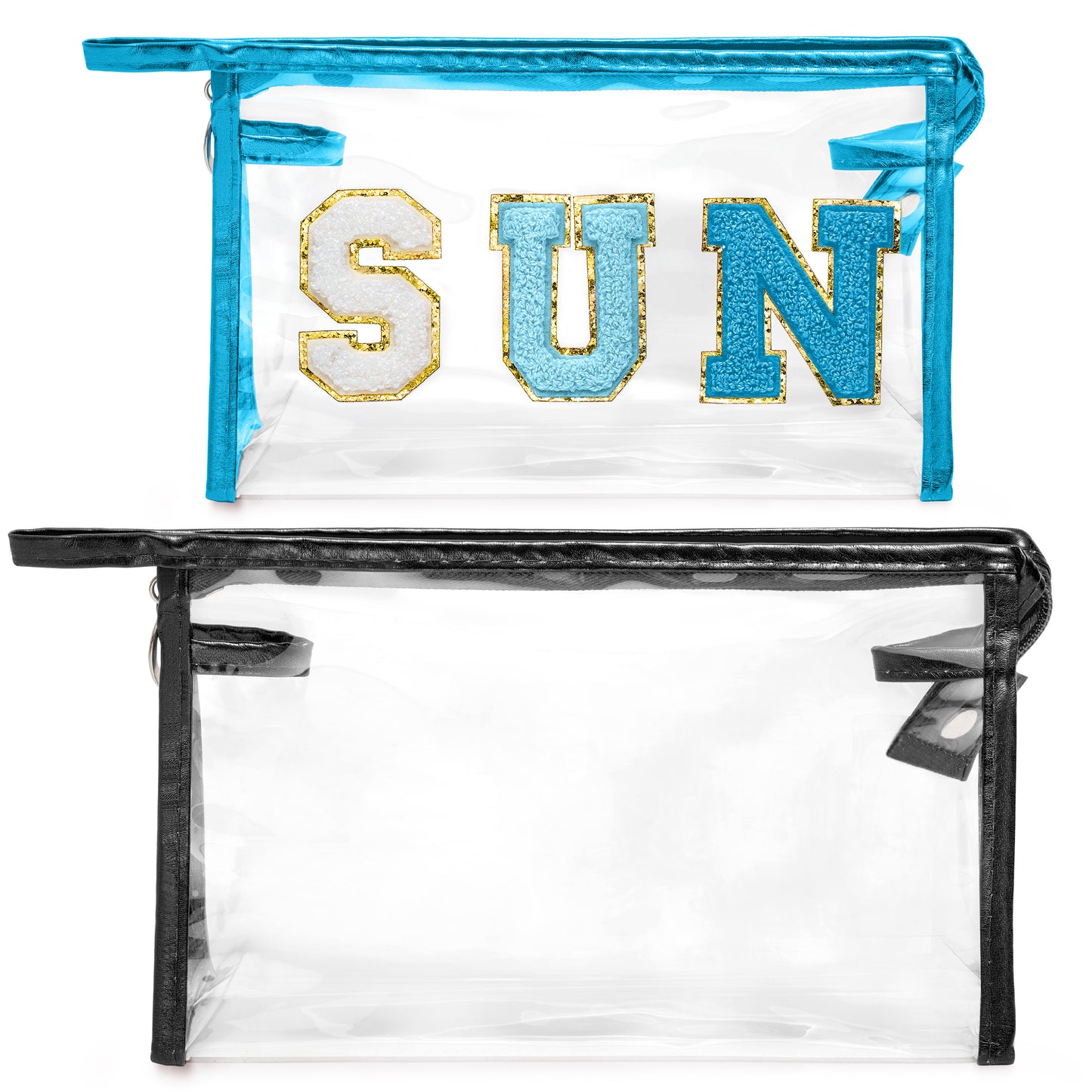 Y1tvei Clear SUN Makeup Bag - 2Pcs Preppy Blue SUN Chenille Varsity Letter Cosmetic Bag Black Large PVC Transparent Toiletry Organizer Zipper Waterproof Beach Travel Makeup Pouch for Women(Blue)