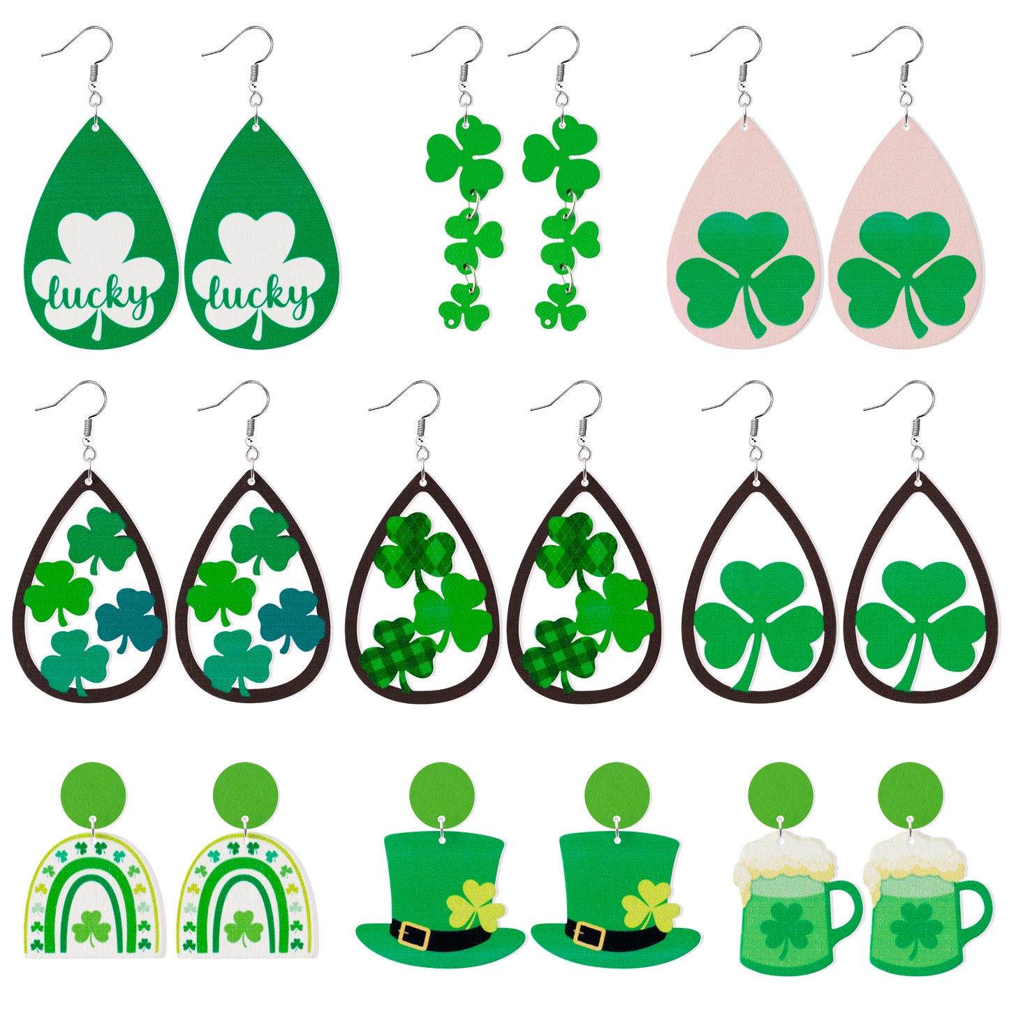 Y1tvei St.Patrick's Shamrock Wooden Earrings - 9 Pairs Shamrock Hat Green Beer Shaped Cutout Teardrop Dangle Earring Lightweight Shamrock Stud Lucky Decor Holiday Jewelry Gift for Girls Teens Women